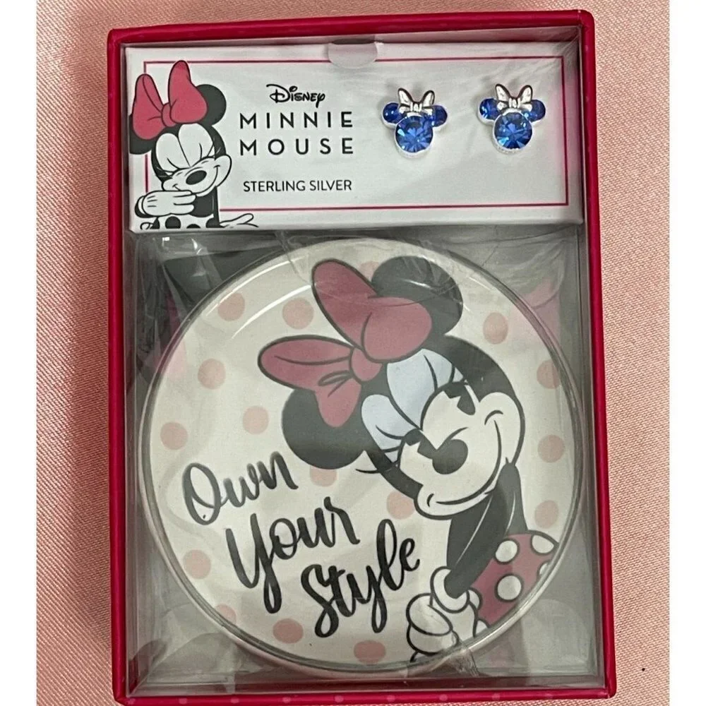 Disney Kids Sterling Silver Blue Crystal Minnie Mouse Stud Earrings & Mini Dish